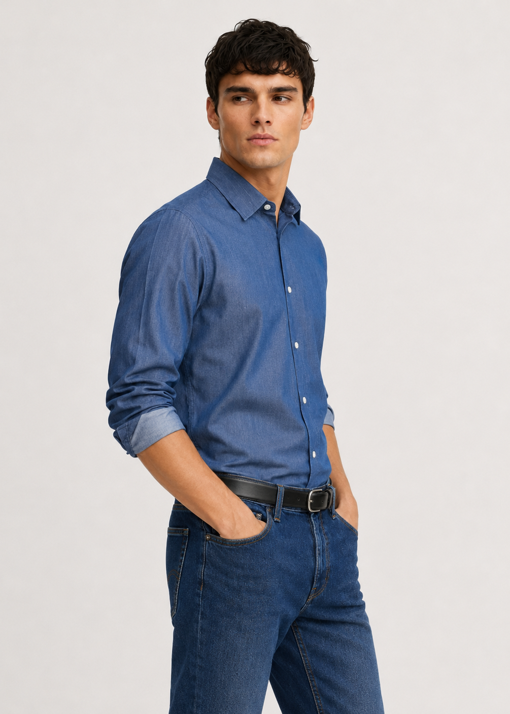 Men's Blue Denim 100% Cotton Slim Fit Casual Shirt | MARK & ALBERT