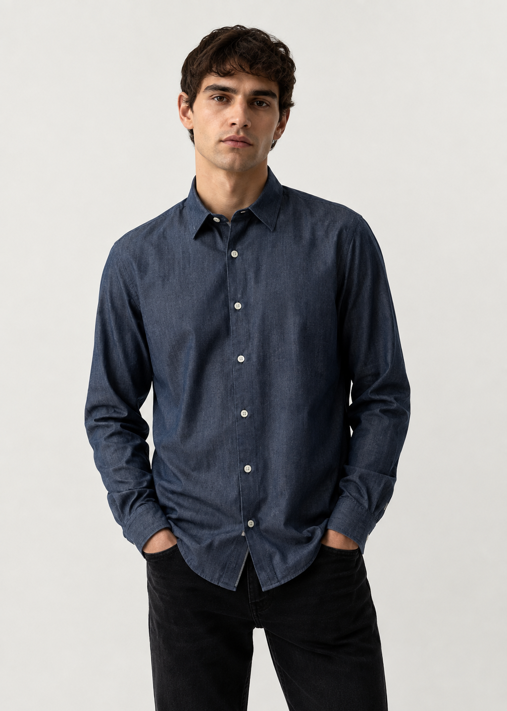 Dark Indigo Denim Cotton Slim Fit Casual Shirt