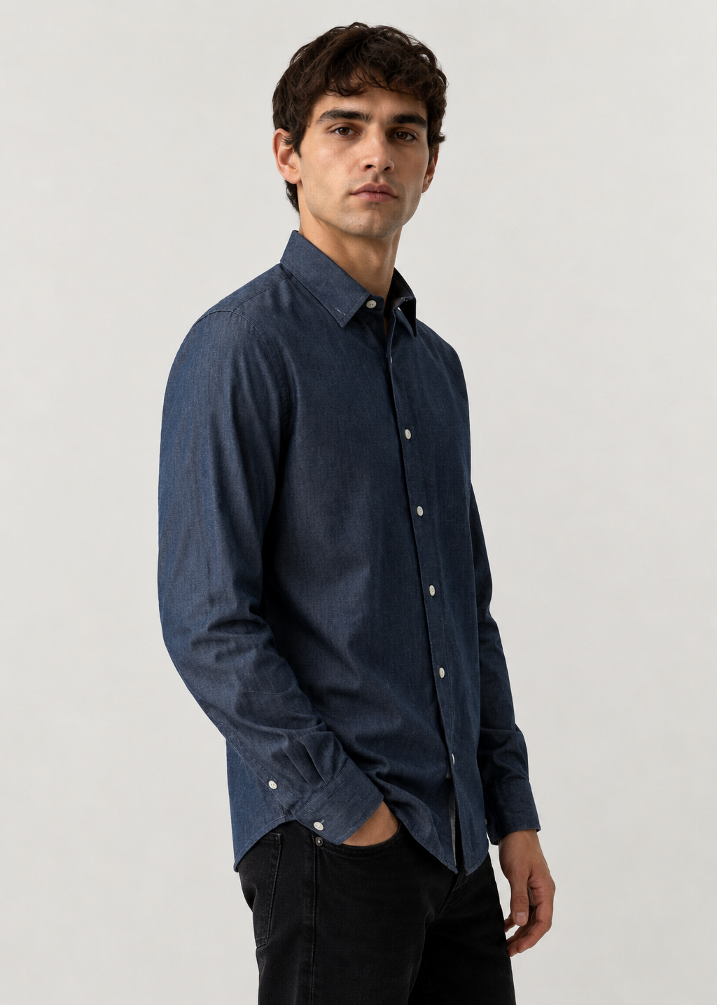 Dark Indigo Denim Cotton Slim Fit Casual Shirt