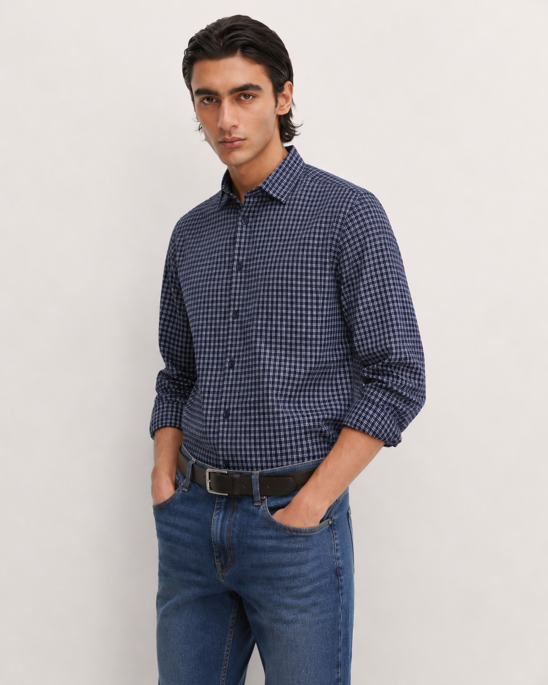 Men's Blue Checks Cotton Semi Formal Slim Fit Shirt | MARK & ALBERT