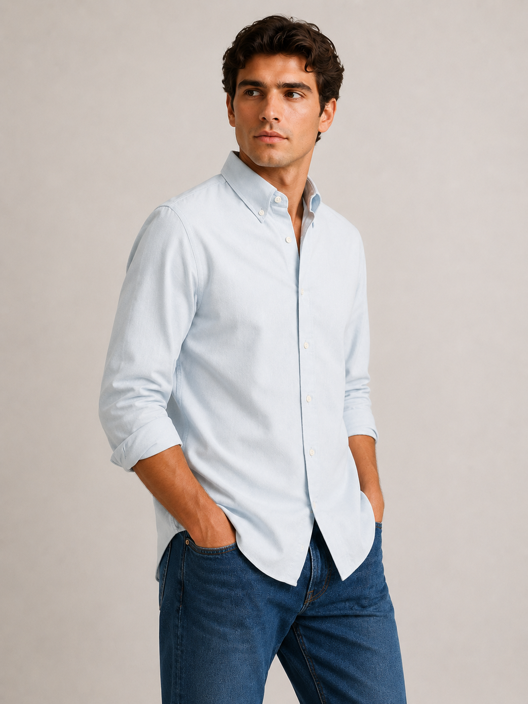 Men's Sky Blue 100% Cotton Oxford Slim Fit Button-Down Shirt | MARK & ALBERT