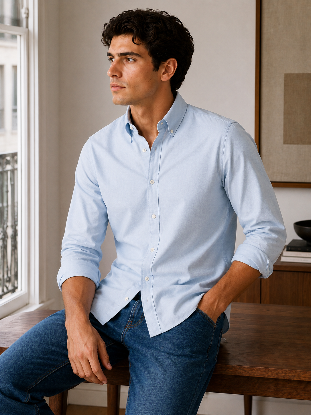 Men's Sky Blue 100% Cotton Oxford Slim Fit Button-Down Shirt | MARK & ALBERT