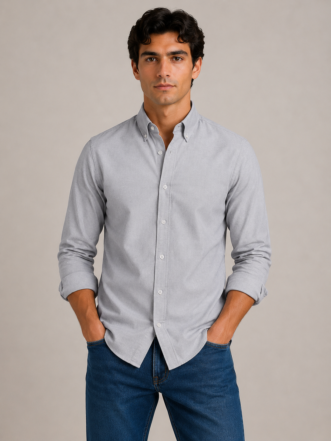 Men's Grey 100% Cotton Oxford Slim Fit Button-Down Shirt | MARK & ALBERT
