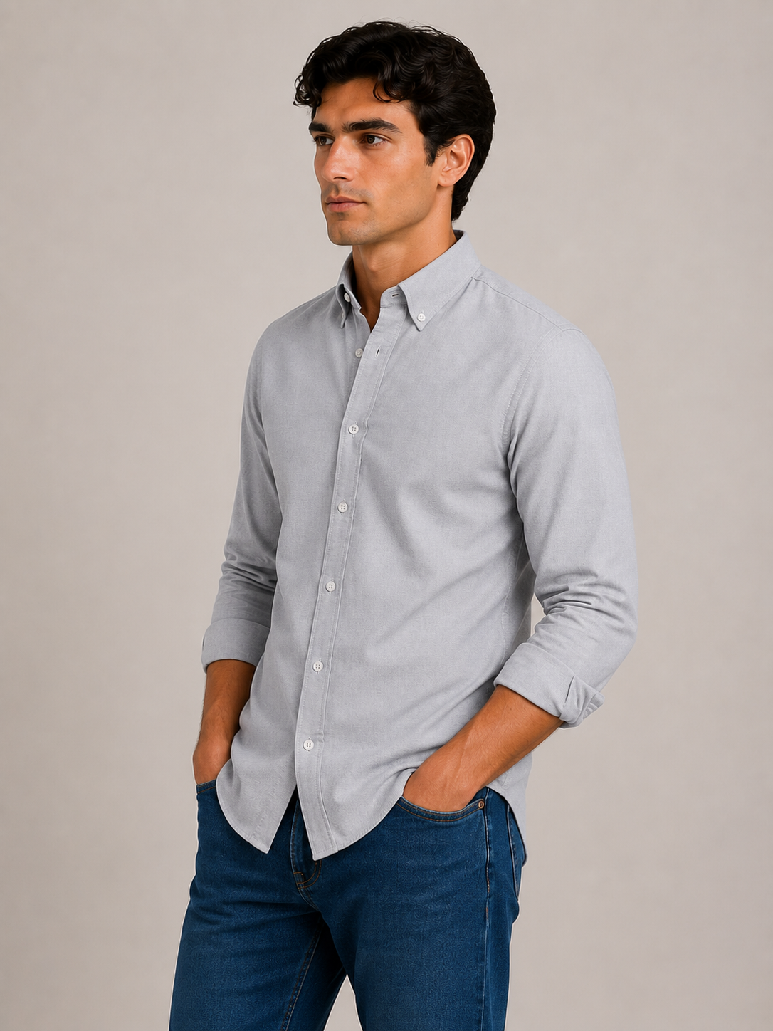 Men's Grey 100% Cotton Oxford Slim Fit Button-Down Shirt | MARK & ALBERT