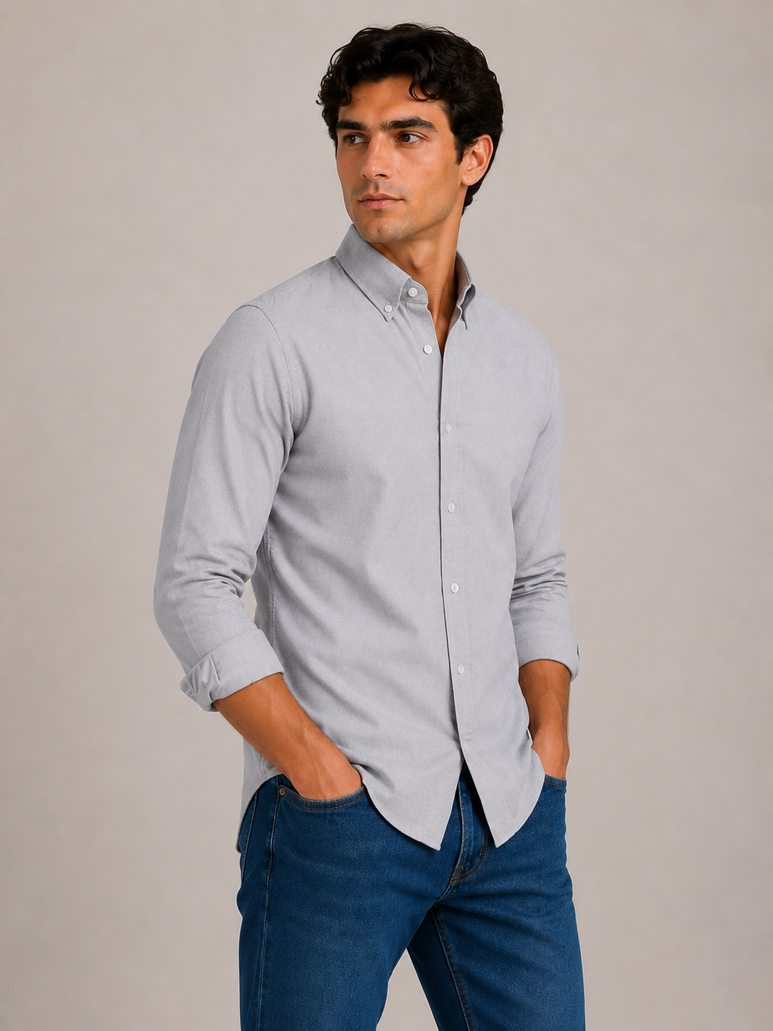 Men's Grey 100% Cotton Oxford Slim Fit Button-Down Shirt | MARK & ALBERT