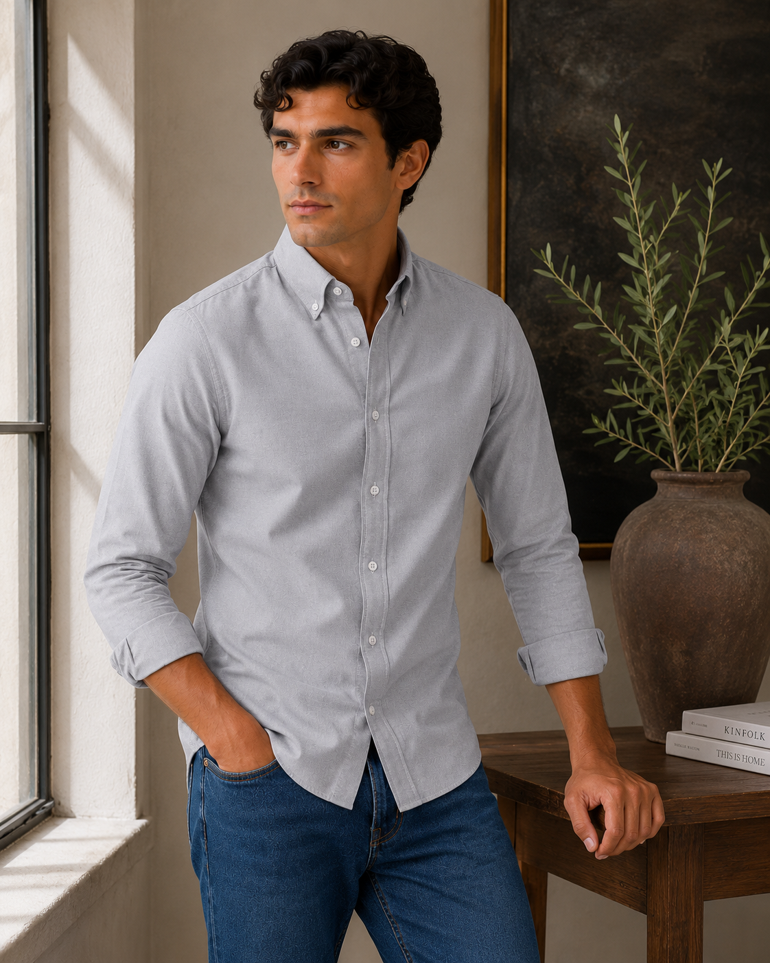 Men's Grey 100% Cotton Oxford Slim Fit Button-Down Shirt | MARK & ALBERT