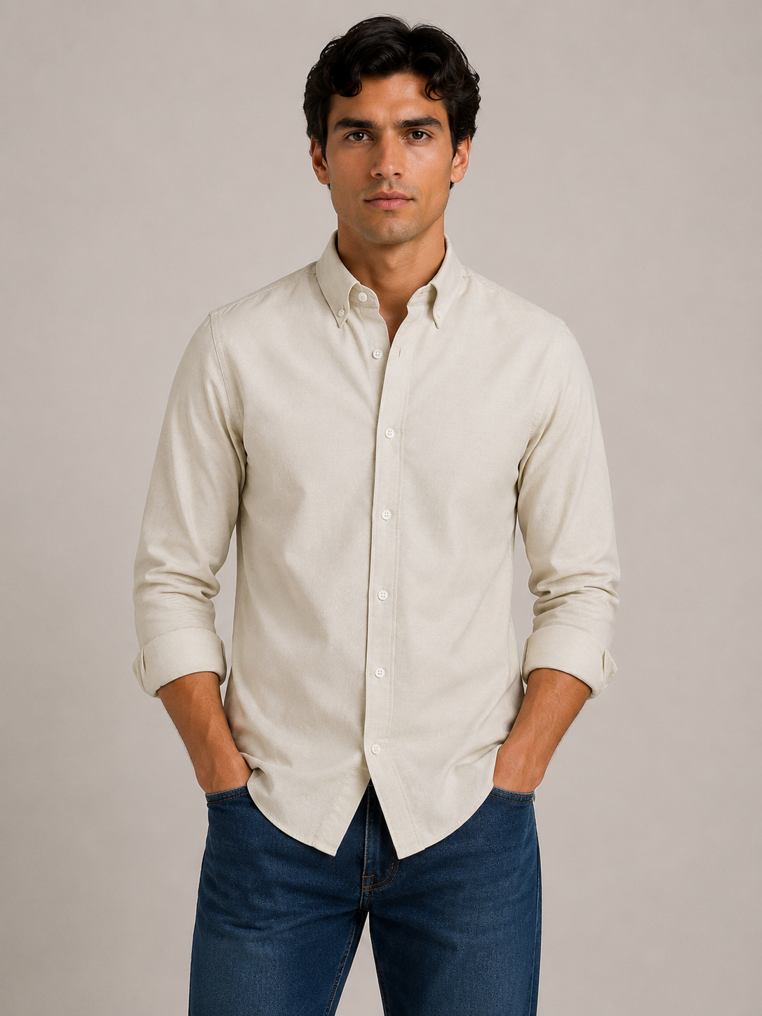 Men's Beige 100% Cotton Oxford Slim Fit Button-Down Shirt | MARK & ALBERT