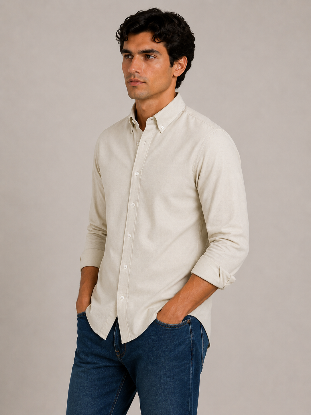 Men's Beige 100% Cotton Oxford Slim Fit Button-Down Shirt | MARK & ALBERT