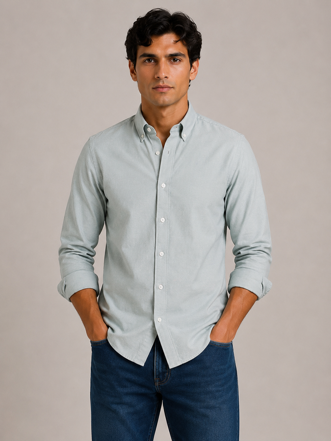 Men's Green 100% Cotton Oxford Slim Fit Button-Down Shirt | MARK & ALBERT