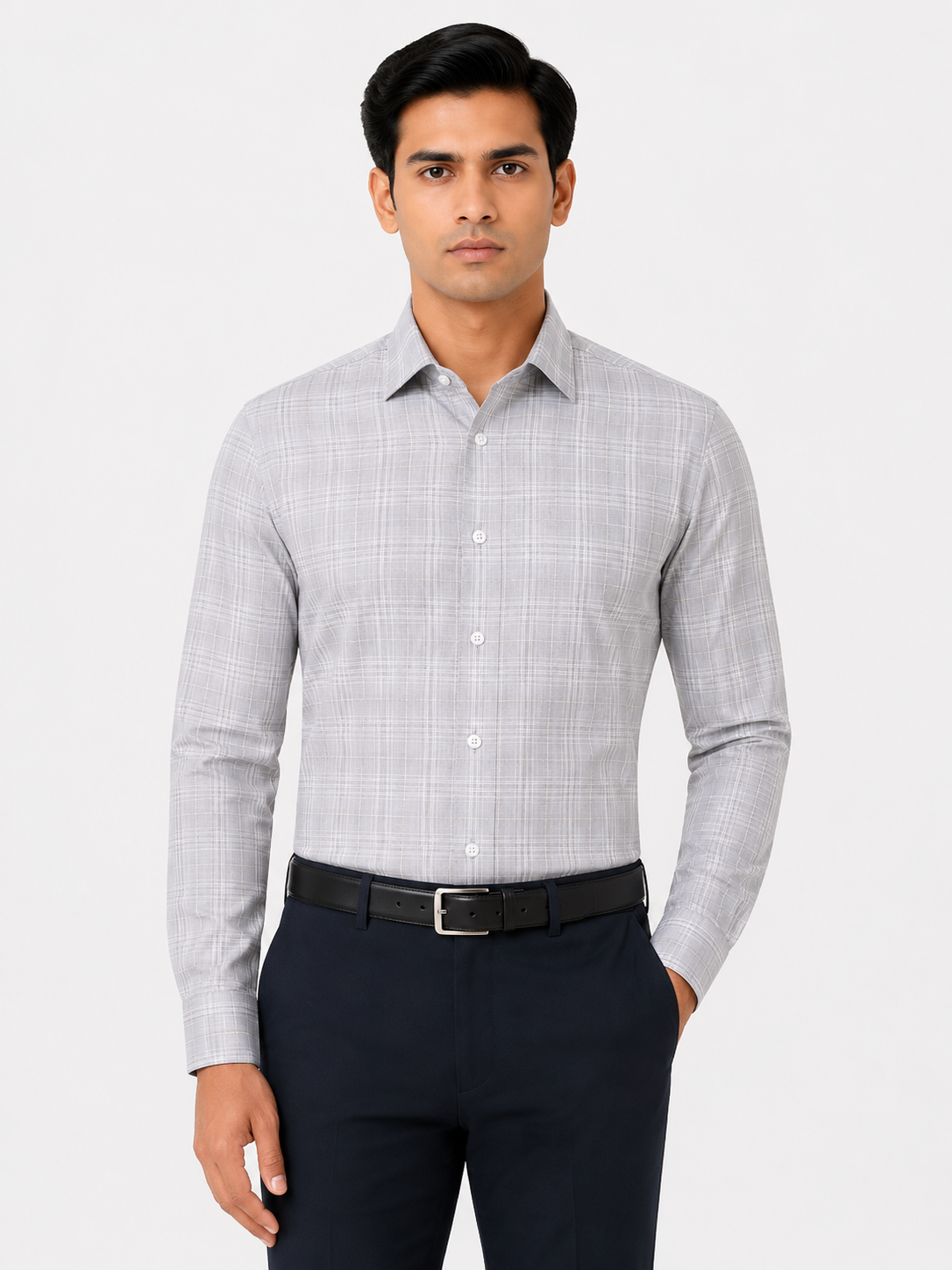 Men’s Grey Grid Checkered 100% Cotton Slim Fit Formal Shirt | MARK & ALBERT