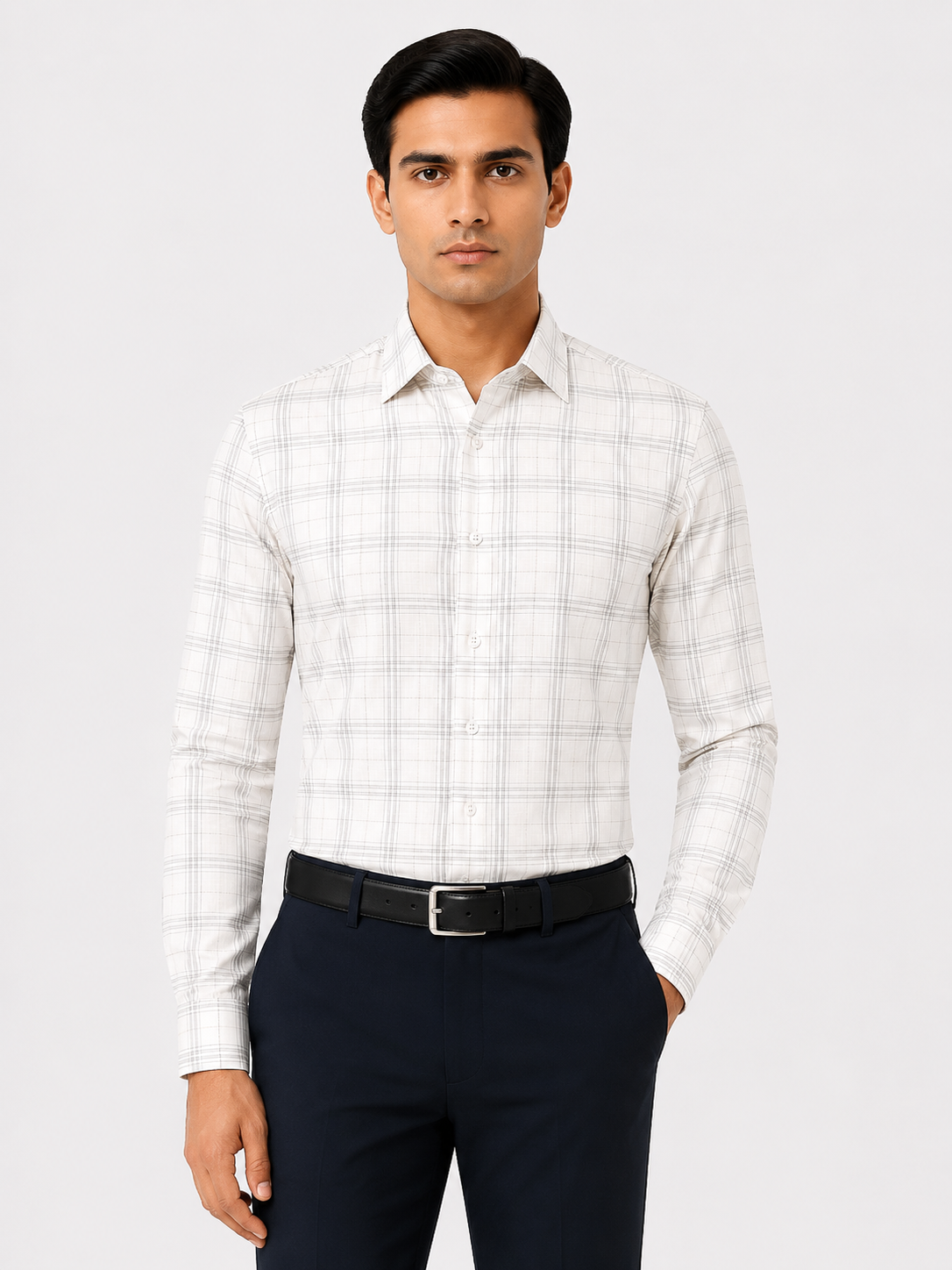 Men’s White Grid Checkered 100% Cotton Slim Fit Formal Shirt | MARK & ALBERT