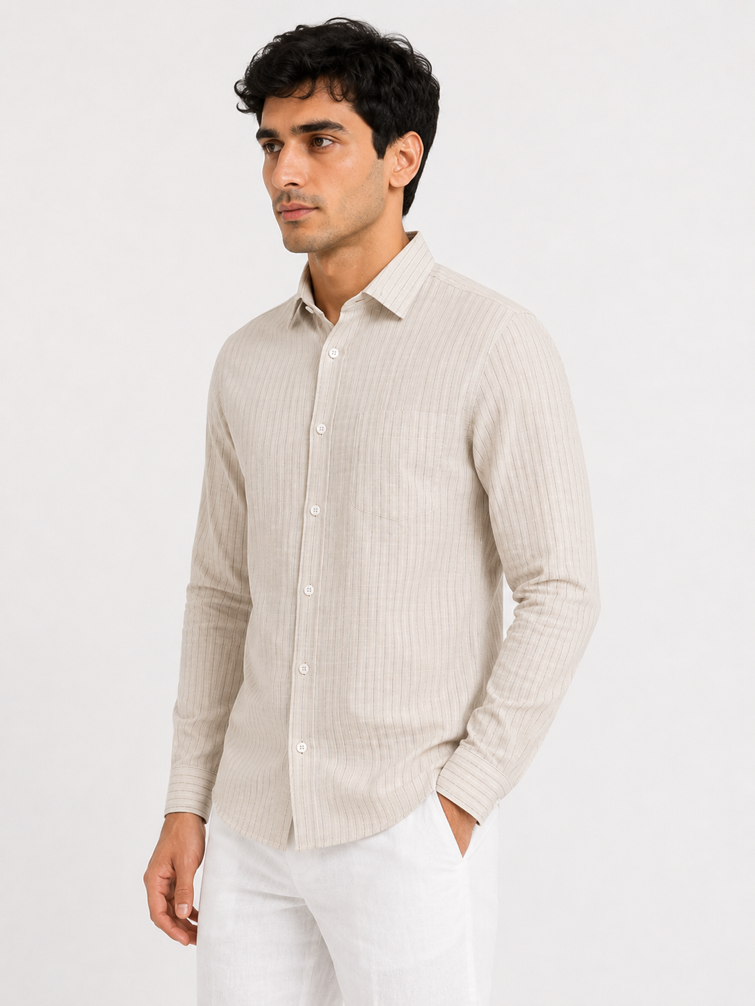 Men’s Beige Striped Cotton-Linen Blend Slim Fit Semi Formal Shirt | MARK & ALBERT