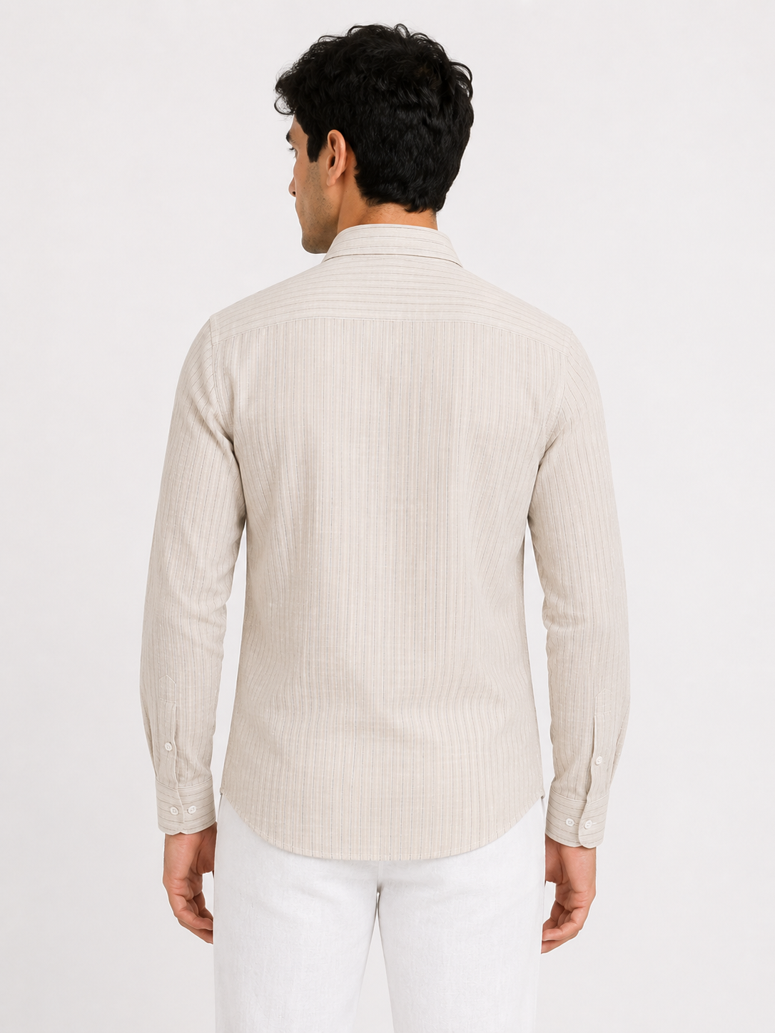 Men’s Beige Striped Cotton-Linen Blend Slim Fit Semi Formal Shirt | MARK & ALBERT