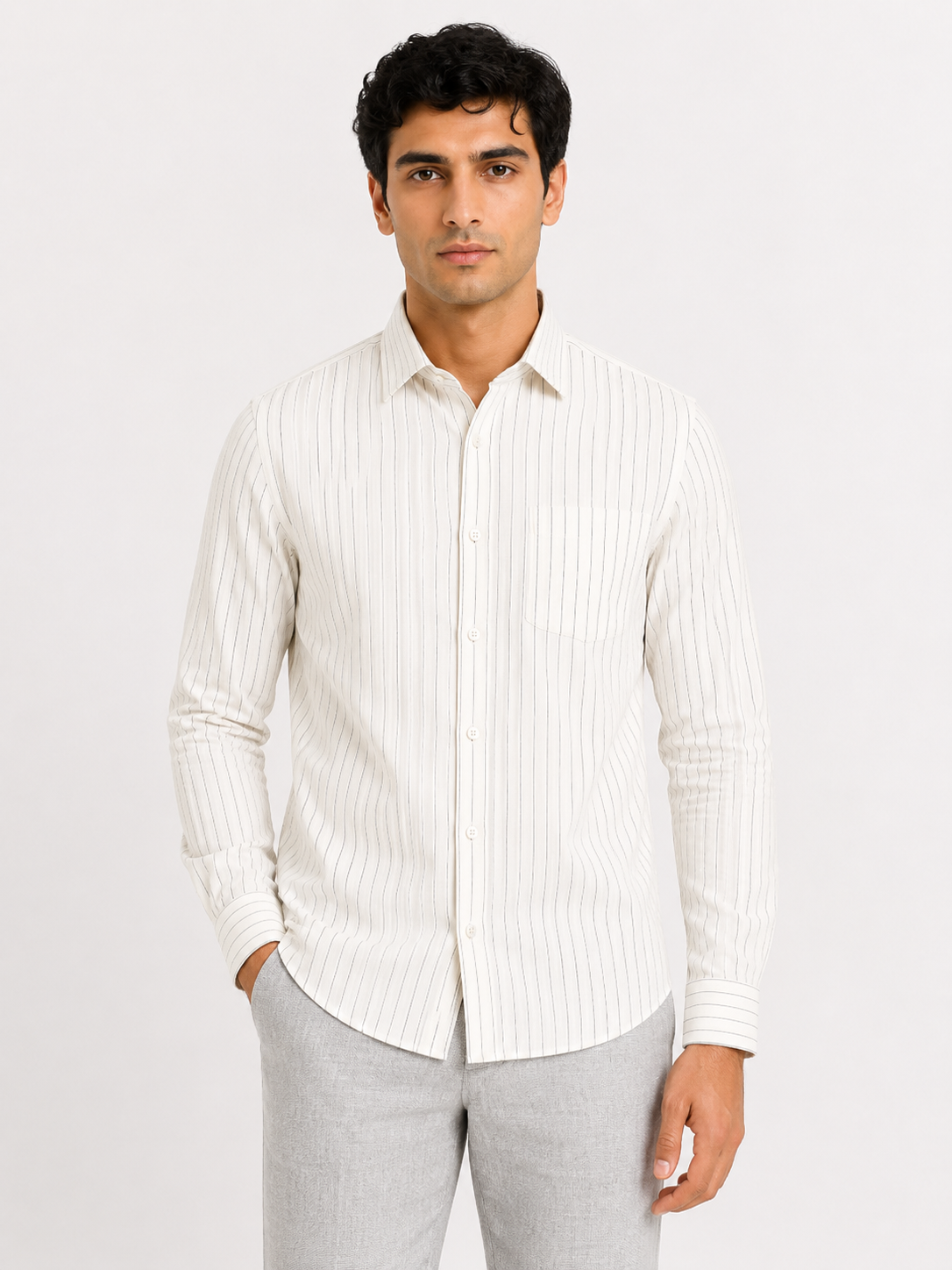 Men’s White Striped Cotton-Linen Blend Slim Fit Semi Formal Shirt | MARK & ALBERT
