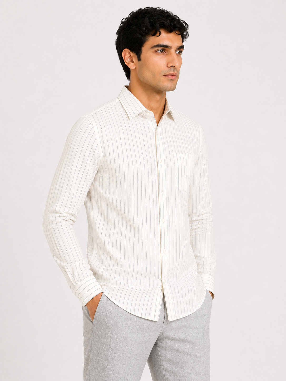 Men’s White Striped Cotton-Linen Blend Slim Fit Semi Formal Shirt | MARK & ALBERT