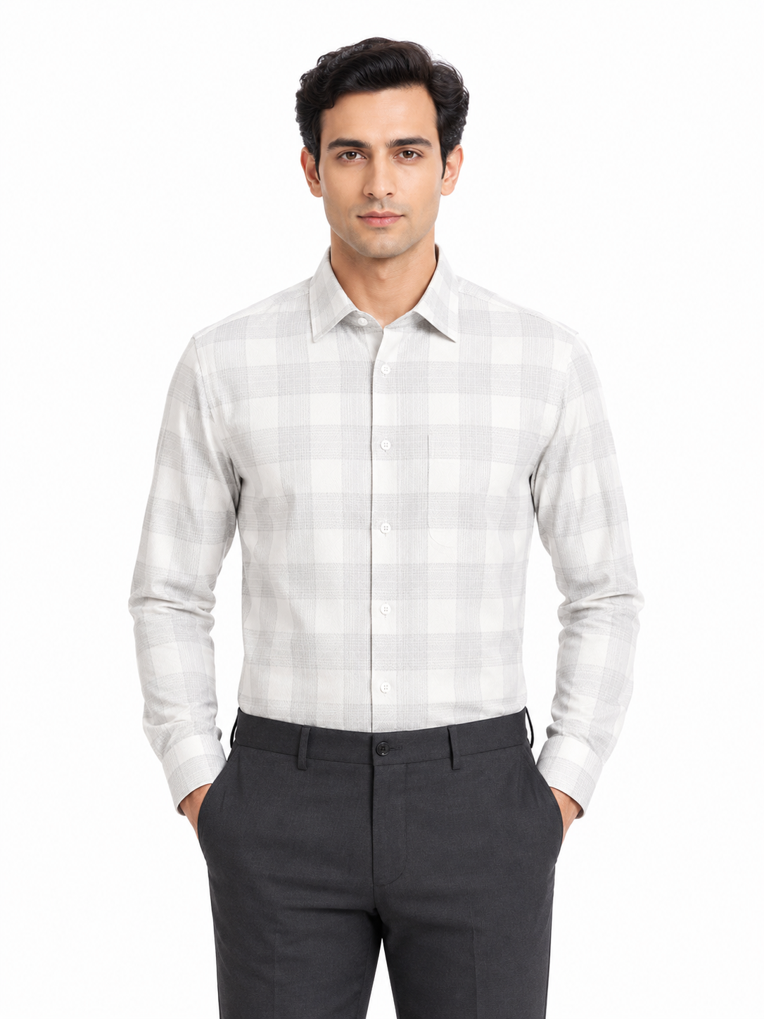 Men’s Grey Checkered 100% Cotton Slim Fit Formal Shirt | MARK & ALBERT