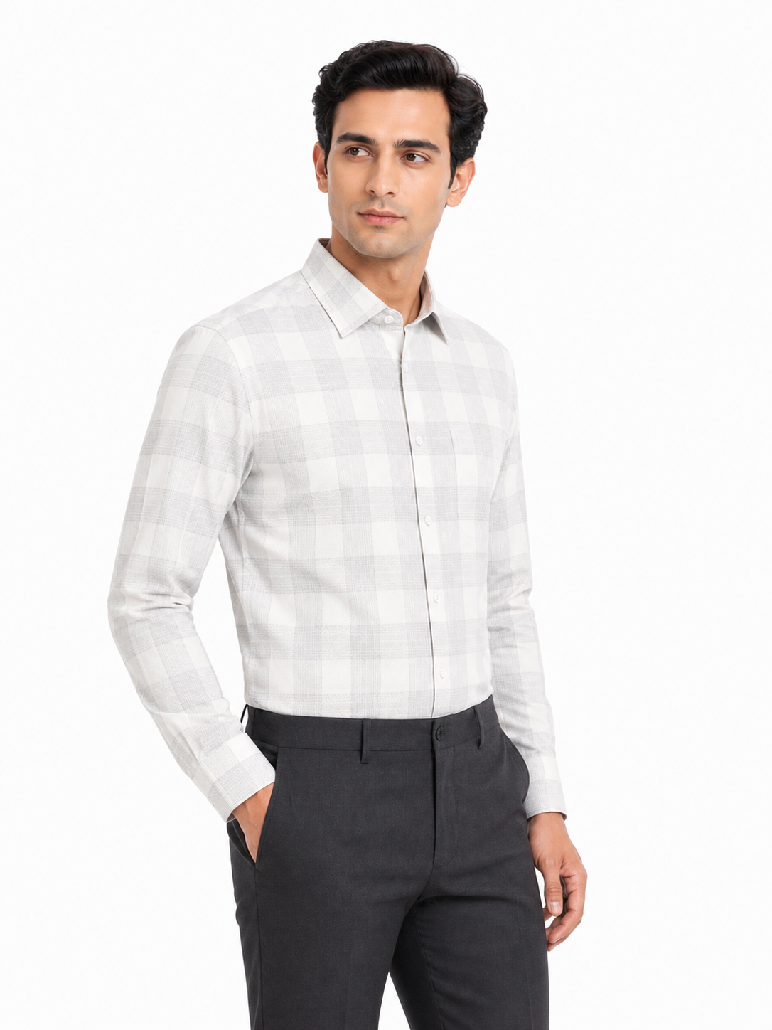 Men’s Grey Checkered 100% Cotton Slim Fit Formal Shirt | MARK & ALBERT