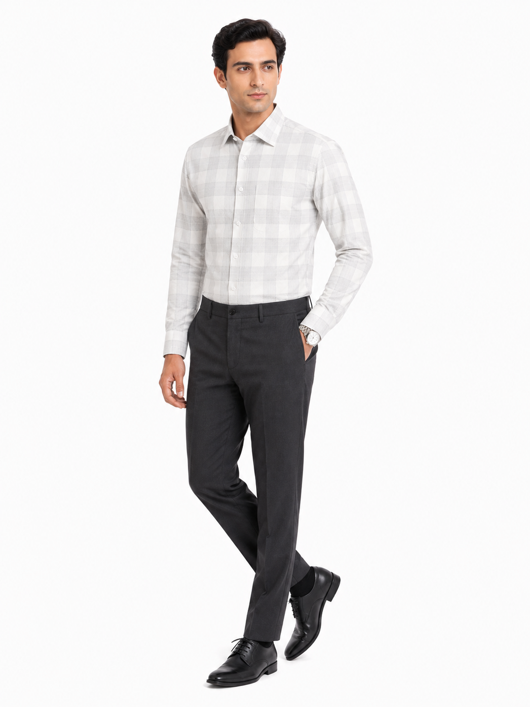 Men’s Grey Checkered 100% Cotton Slim Fit Formal Shirt | MARK & ALBERT