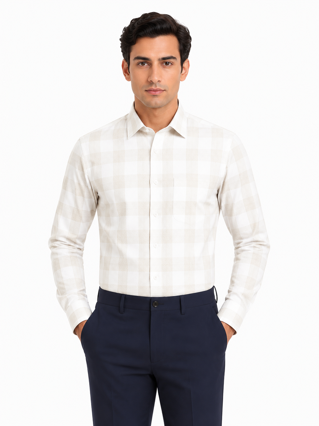 Men’s Beige Checkered 100% Cotton Slim Fit Formal Shirt | MARK & ALBERT
