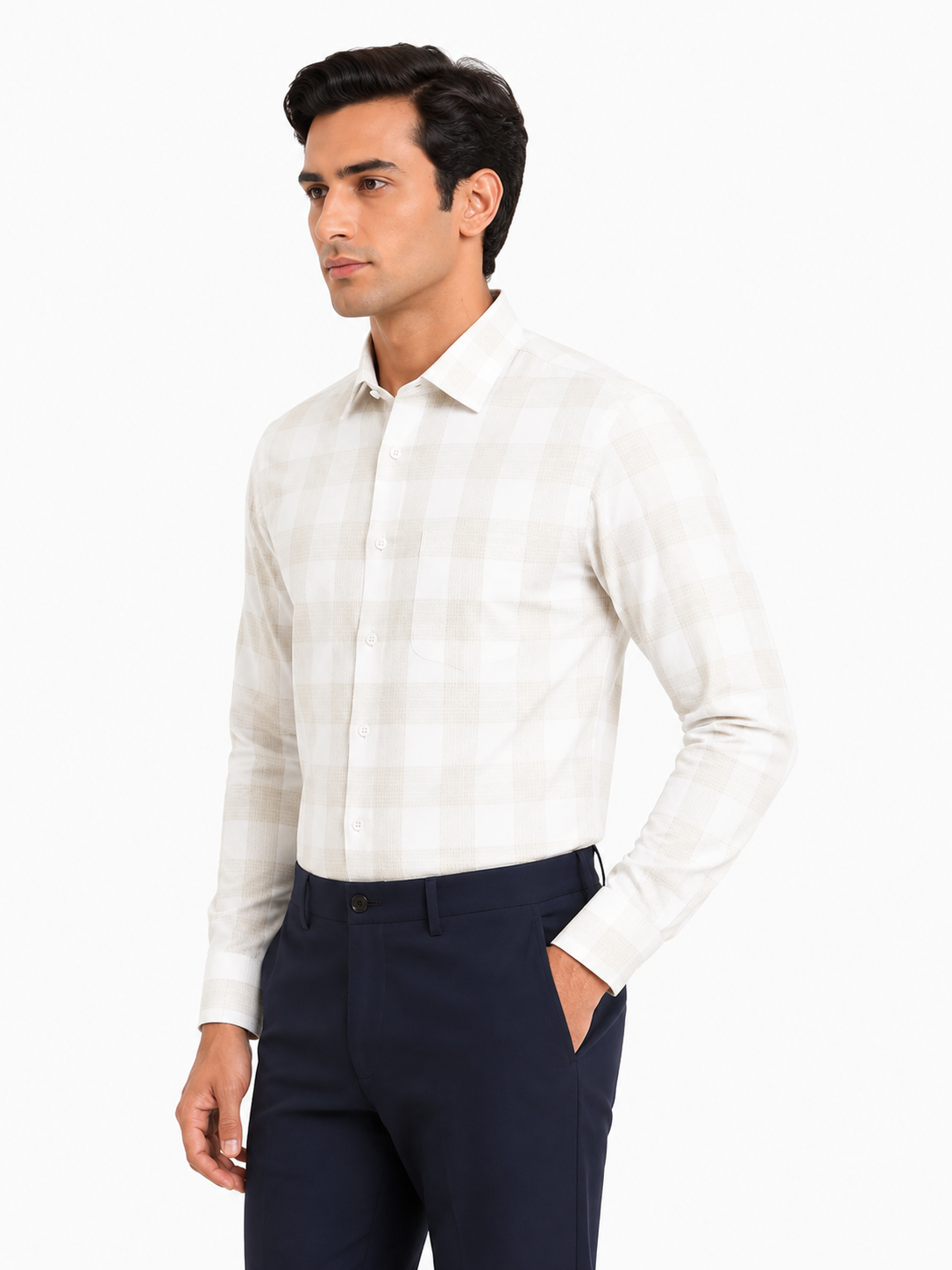 Men’s Beige Checkered 100% Cotton Slim Fit Formal Shirt | MARK & ALBERT