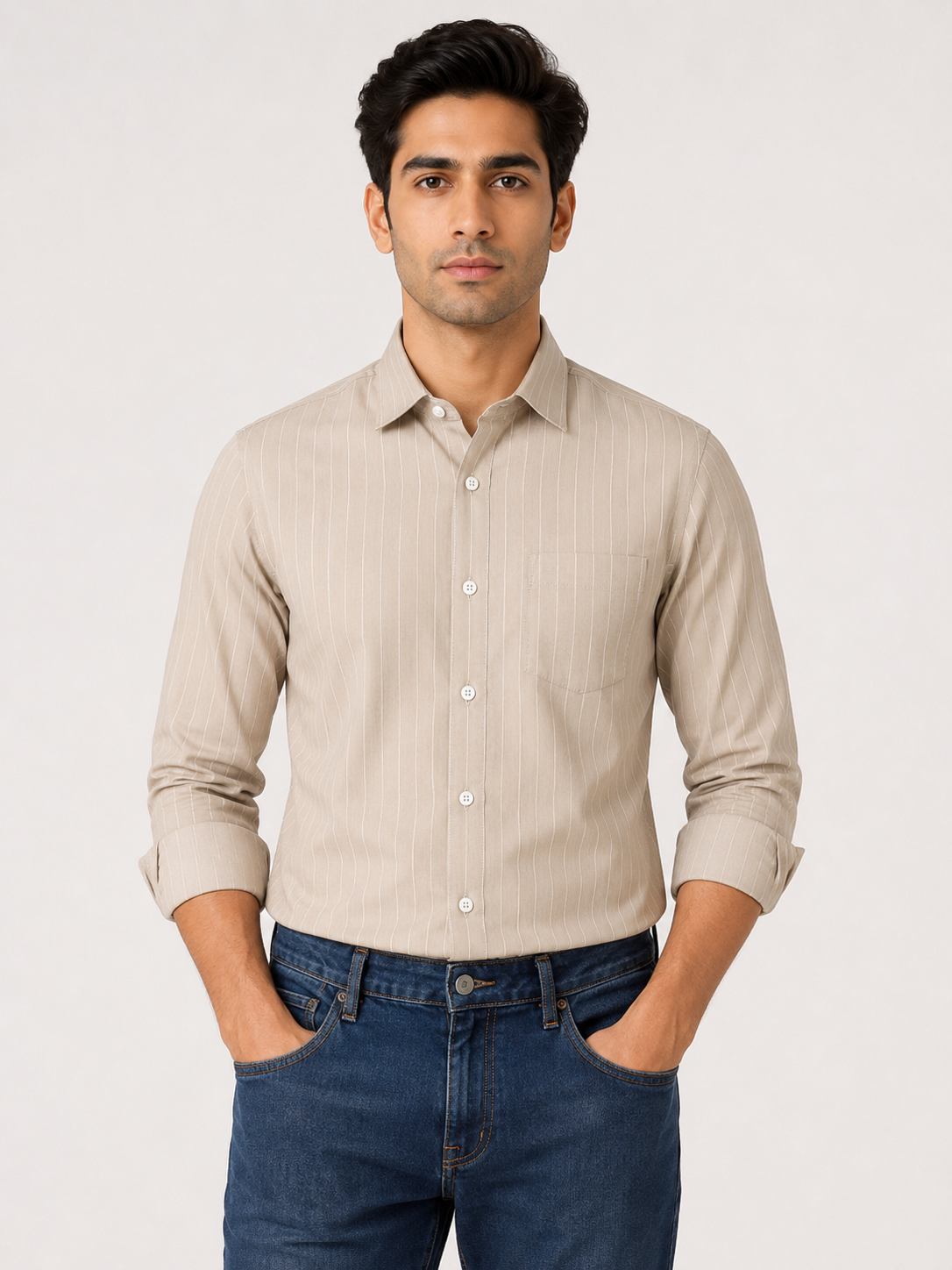 Men’s Beige Striped 100% Cotton Slim Fit Semi Formal Shirt | MARK & ALBERT