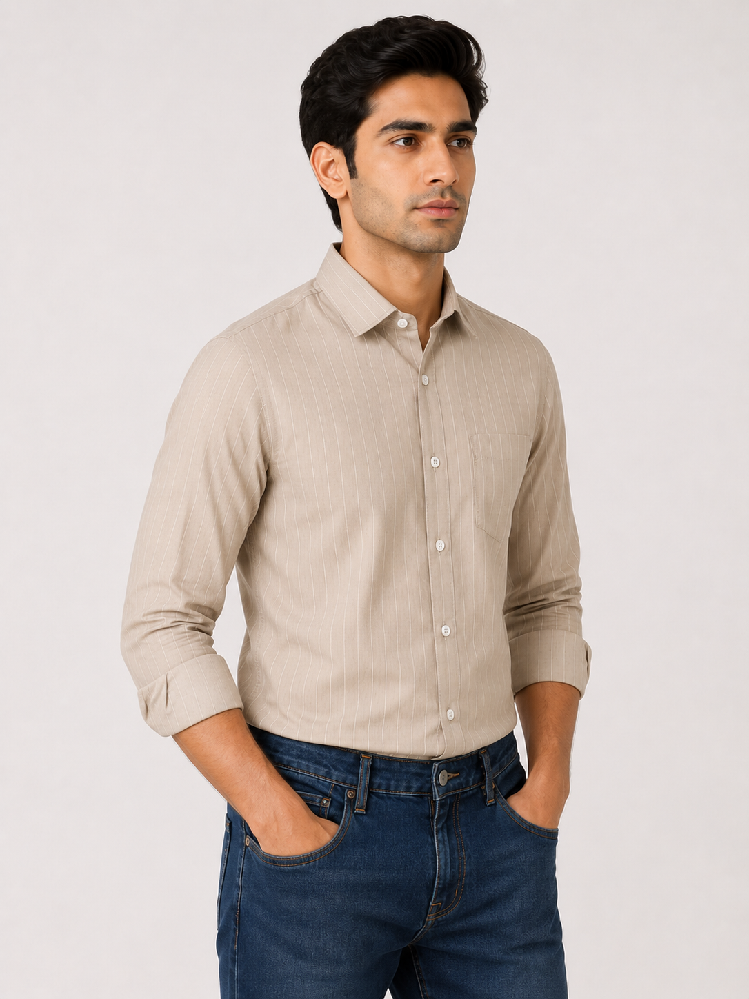 Men’s Beige Striped 100% Cotton Slim Fit Semi Formal Shirt | MARK & ALBERT