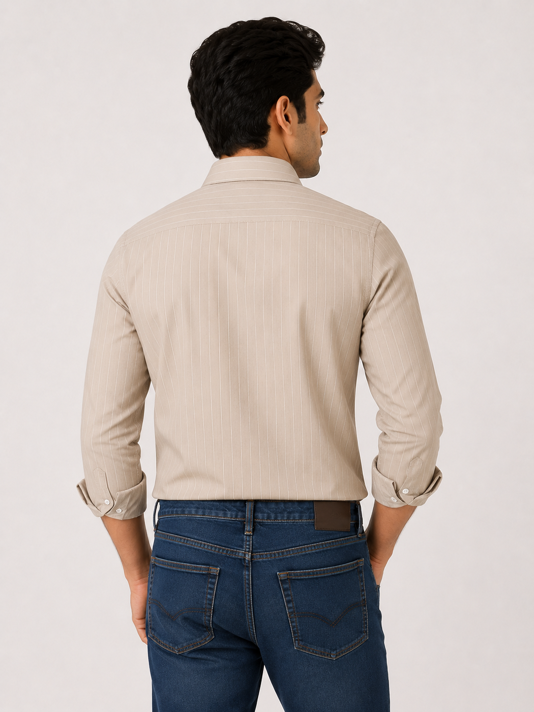 Men’s Beige Striped 100% Cotton Slim Fit Semi Formal Shirt | MARK & ALBERT