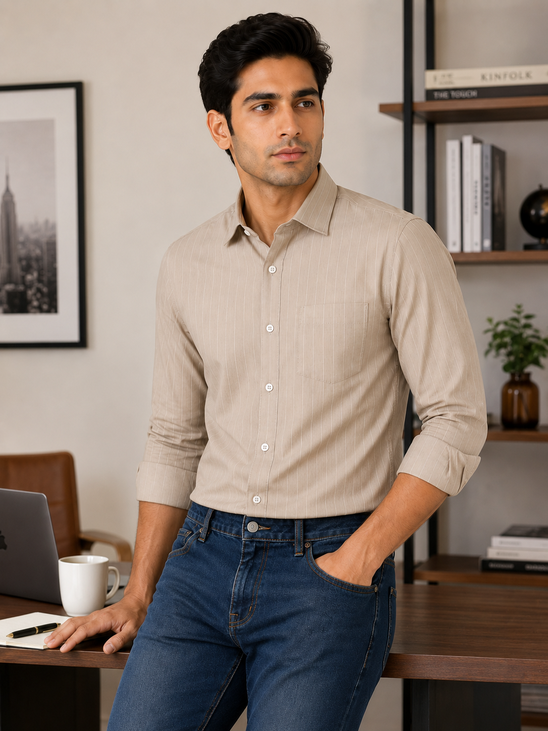 Men’s Beige Striped 100% Cotton Slim Fit Semi Formal Shirt | MARK & ALBERT