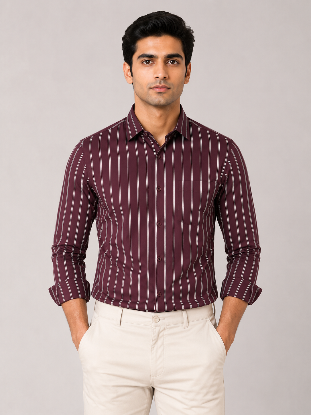 Men’s Maroon Striped 100% Cotton Slim Fit Semi Formal Shirt | MARK & ALBERT