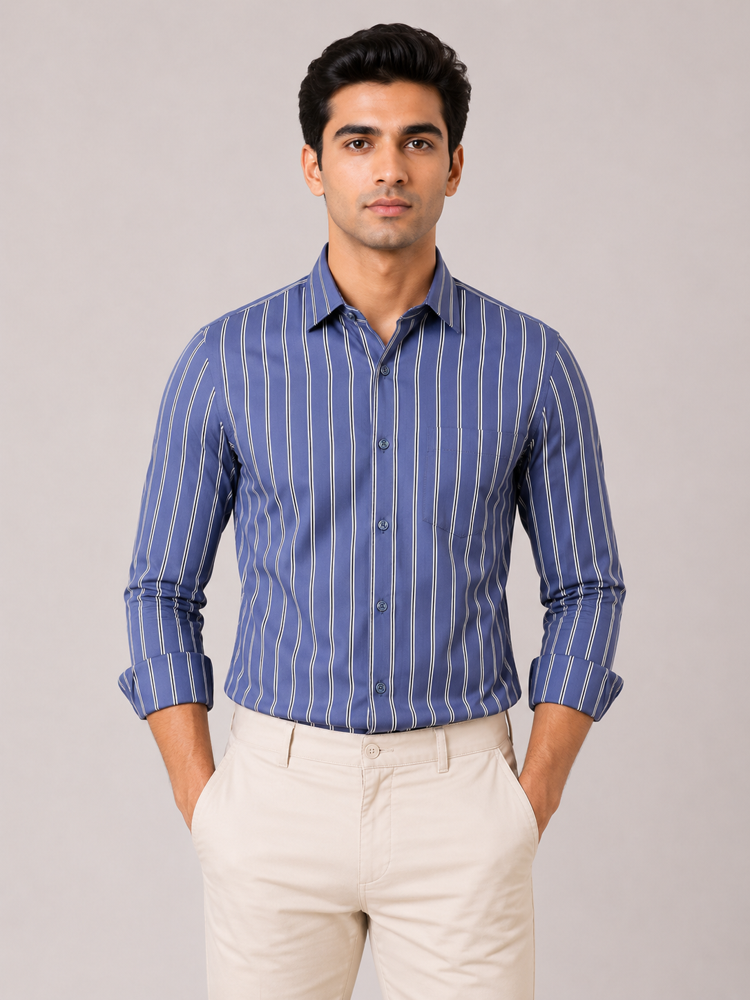 Men’s Blue Striped 100% Cotton Slim Fit Semi Formal Shirt | MARK & ALBERT