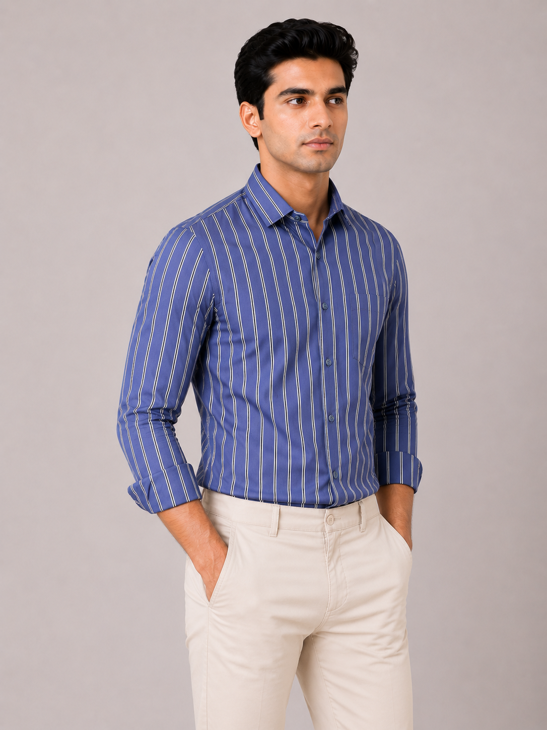 Men’s Blue Striped 100% Cotton Slim Fit Semi Formal Shirt | MARK & ALBERT
