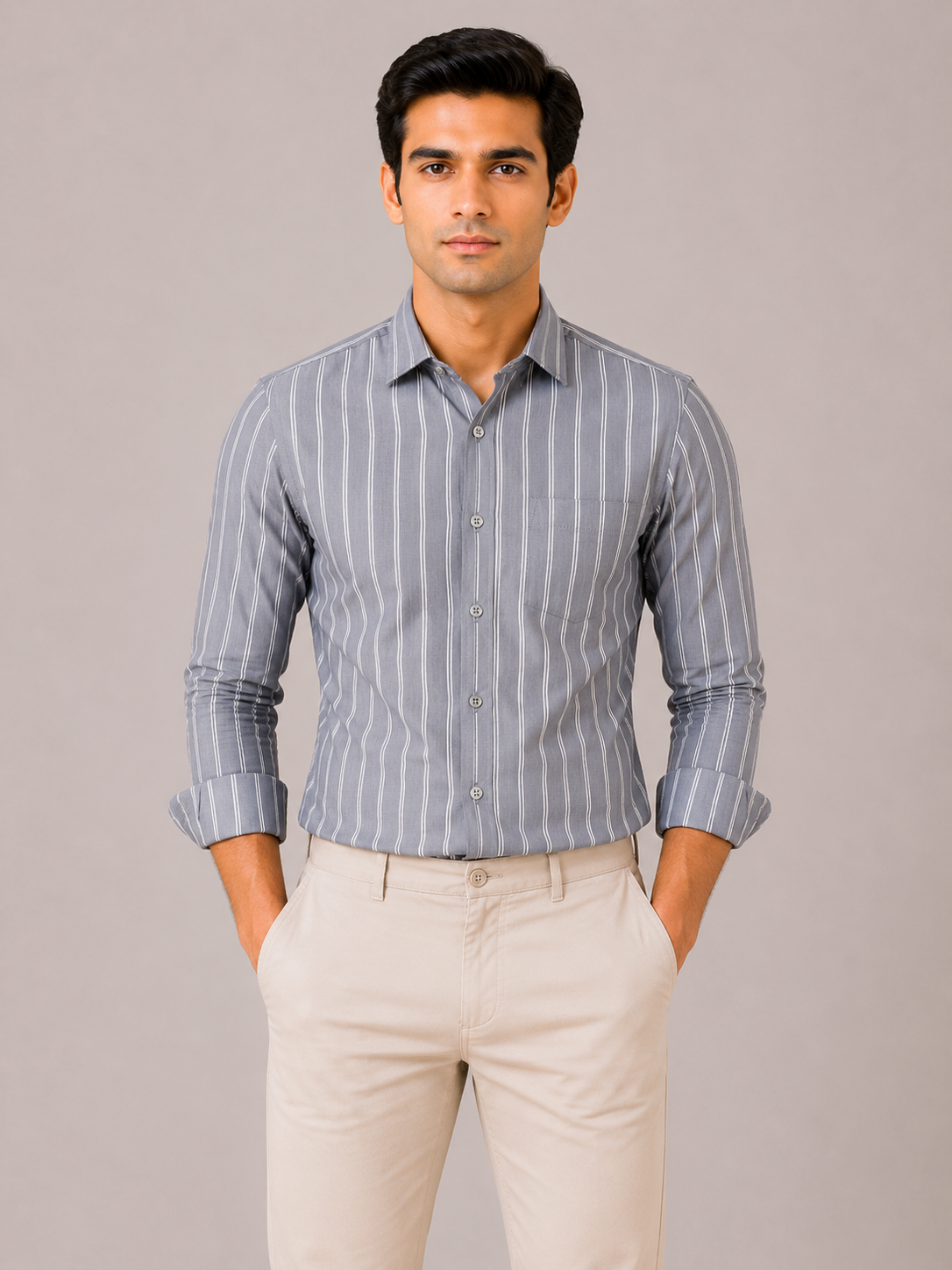 Men’s Steel Blue Striped 100% Cotton Slim Fit Semi Formal Shirt | MARK & ALBERT
