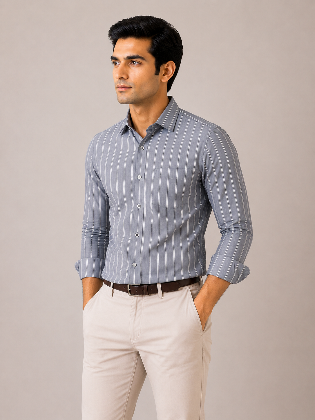 Men’s Steel Blue Striped 100% Cotton Slim Fit Semi Formal Shirt | MARK & ALBERT