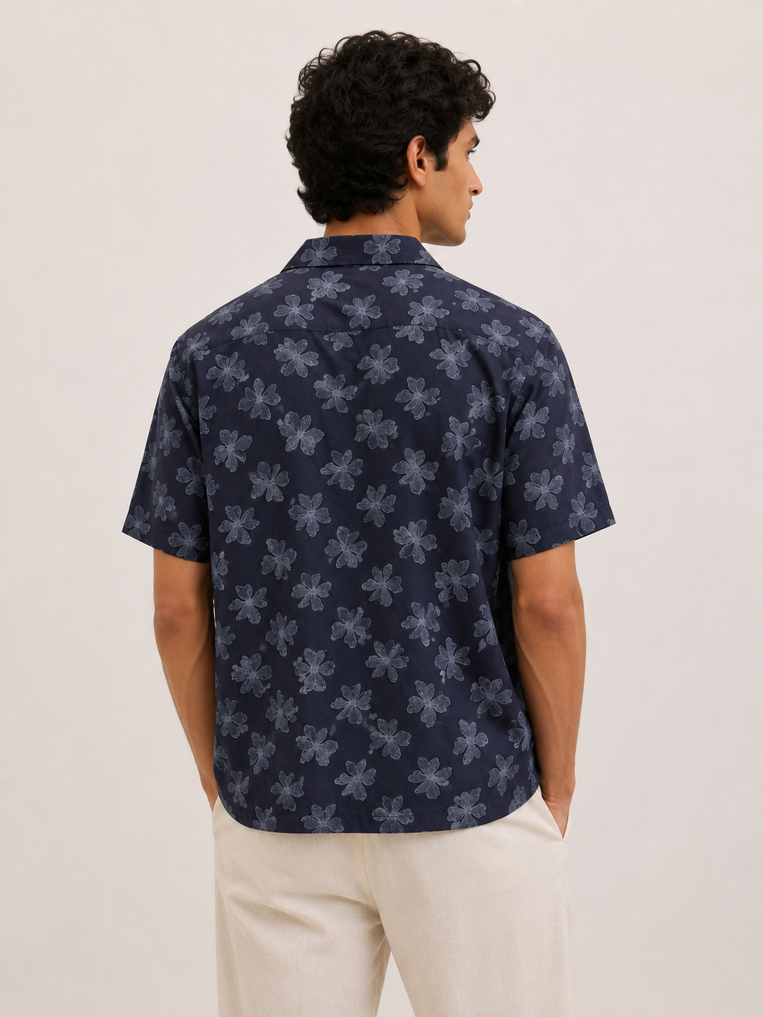 Men’s Navy Blue Floral Print 100% Cotton Relaxed Fit Half Sleeve Shirt | MARK & ALBERT