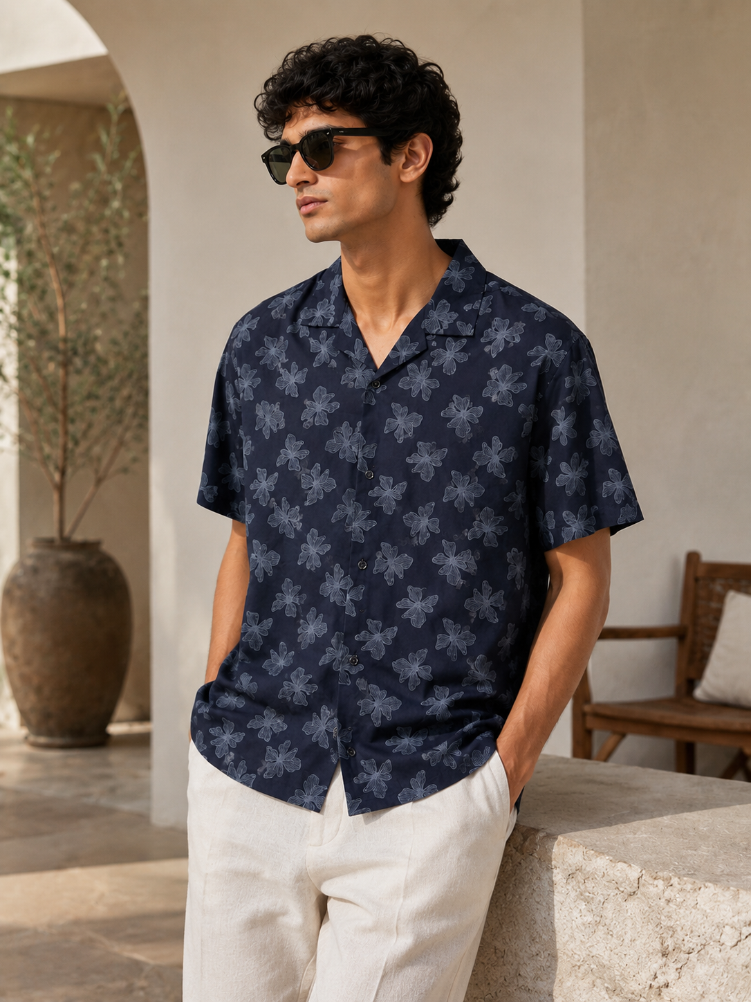 Men’s Navy Blue Floral Print 100% Cotton Relaxed Fit Half Sleeve Shirt | MARK & ALBERT