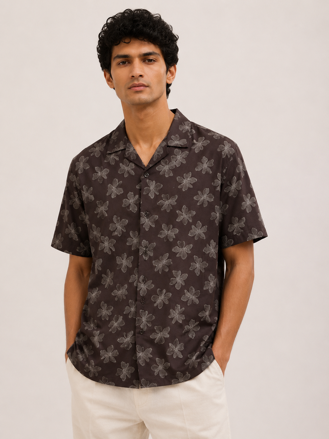Men’s Brown Floral All Over Print 100% Cotton Relaxed Fit Half Sleeve Shirt | MARK & ALBERT