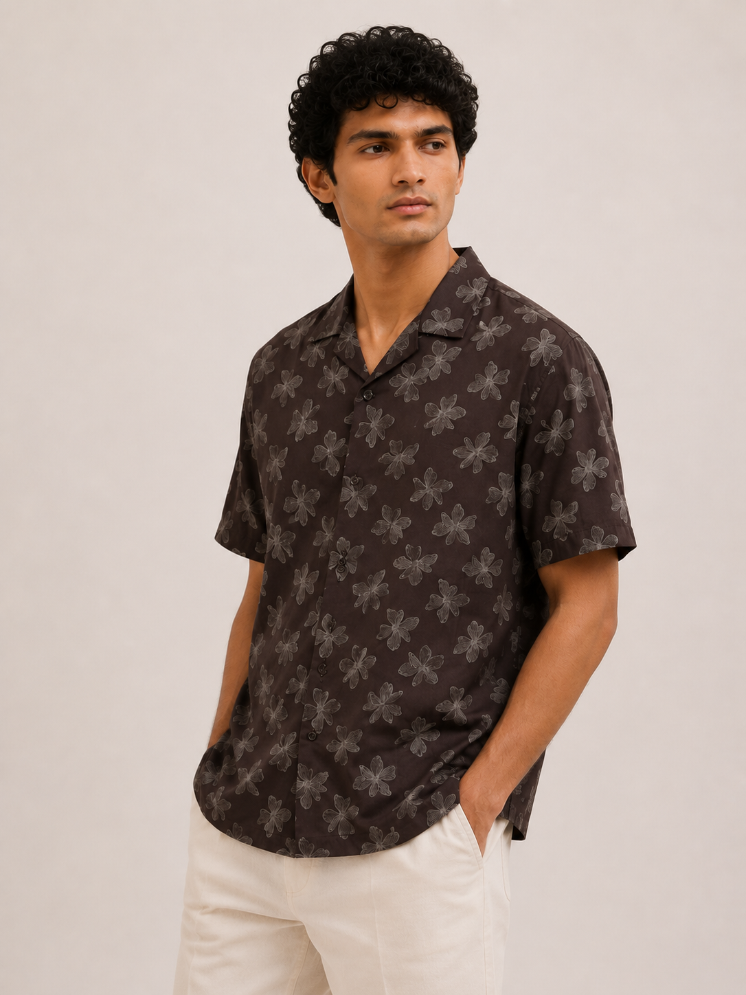 Men’s Brown Floral All Over Print 100% Cotton Relaxed Fit Half Sleeve Shirt | MARK & ALBERT