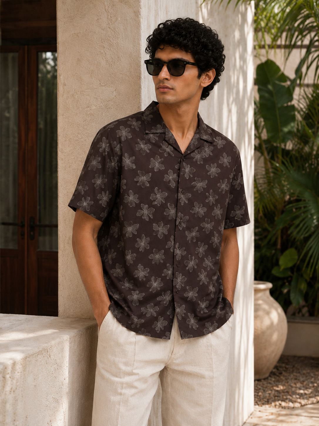 Men’s Brown Floral All Over Print 100% Cotton Relaxed Fit Half Sleeve Shirt | MARK & ALBERT