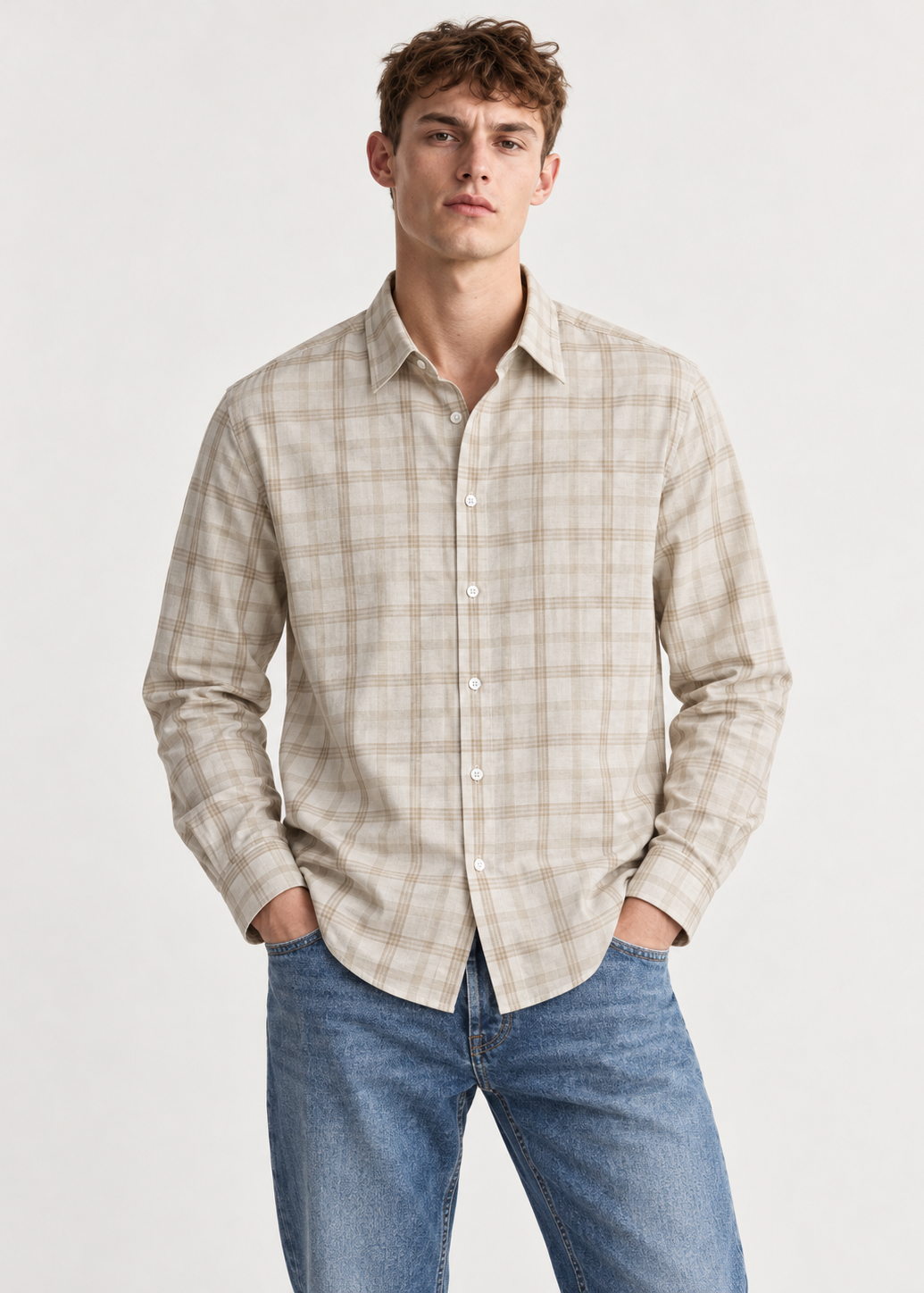 Men's Slim Fit Beige Plaid Check Linen Shirt | MARK & ALBERT