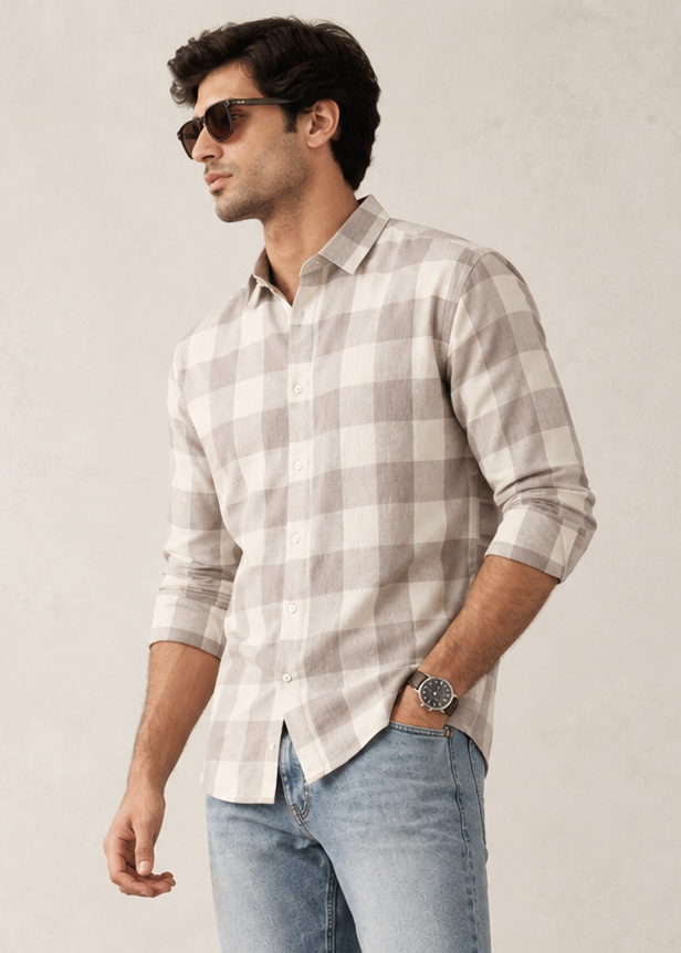 Men's Slim Fit Dusty Pink Buffalo Check Linen Shirt | MARK & ALBERT