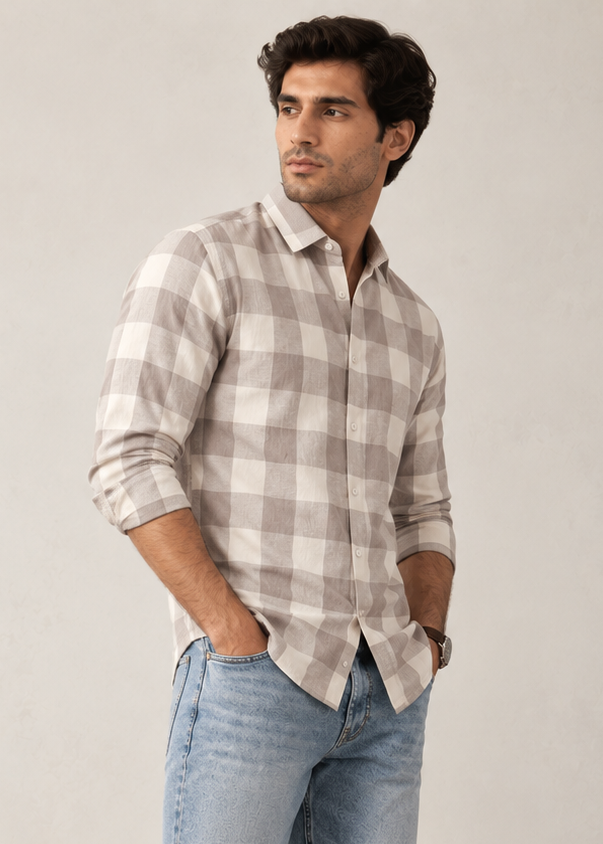 Men's Slim Fit Dusty Pink Buffalo Check Linen Shirt | MARK & ALBERT