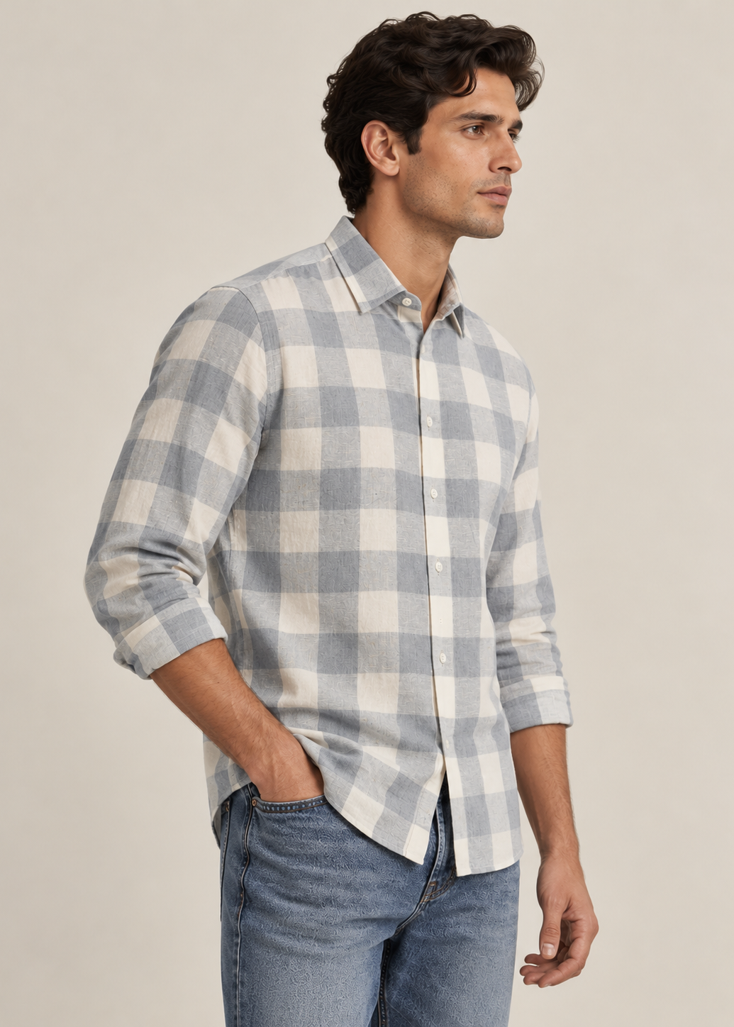 Men's Slim Fit Grey Buffalo Check Linen Shirt | MARK & ALBERT