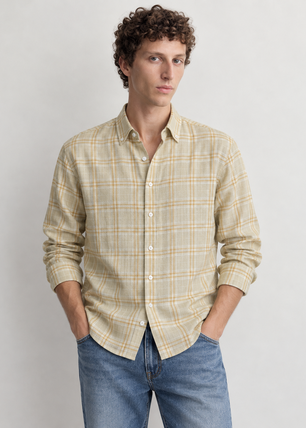 Men's Slim Fit Yellow Plaid Check Linen Shirt | MARK & ALBERT