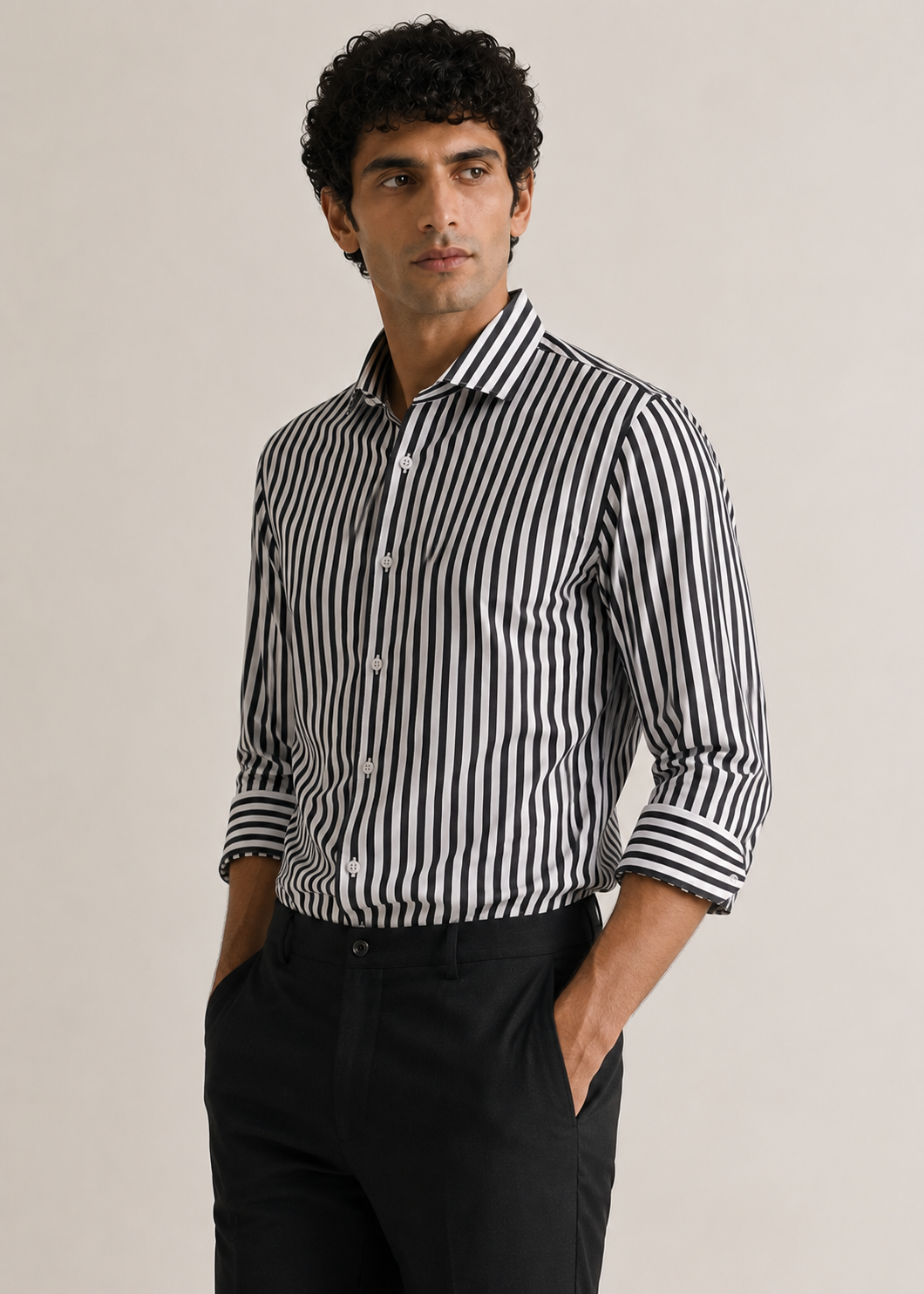 Men's 100% Cotton Black Striped Shirt