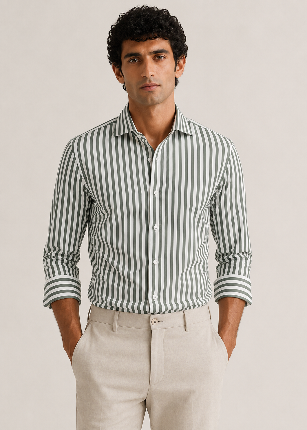 Men's 100% Cotton Green Striped Shirt