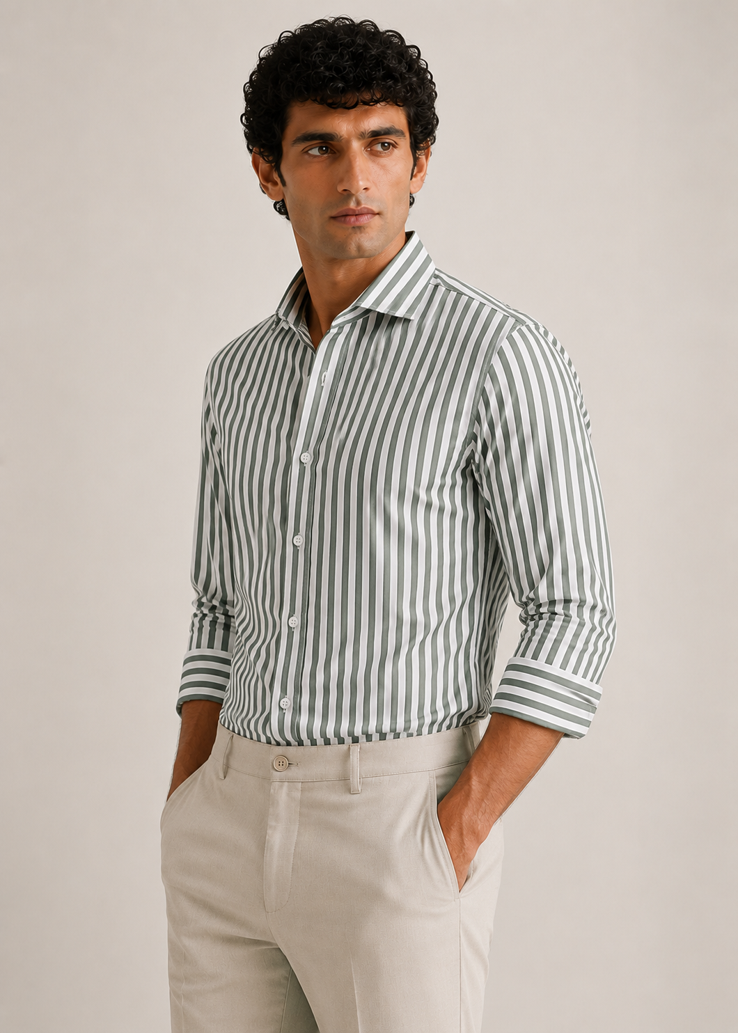 Men's 100% Cotton Green Striped Shirt