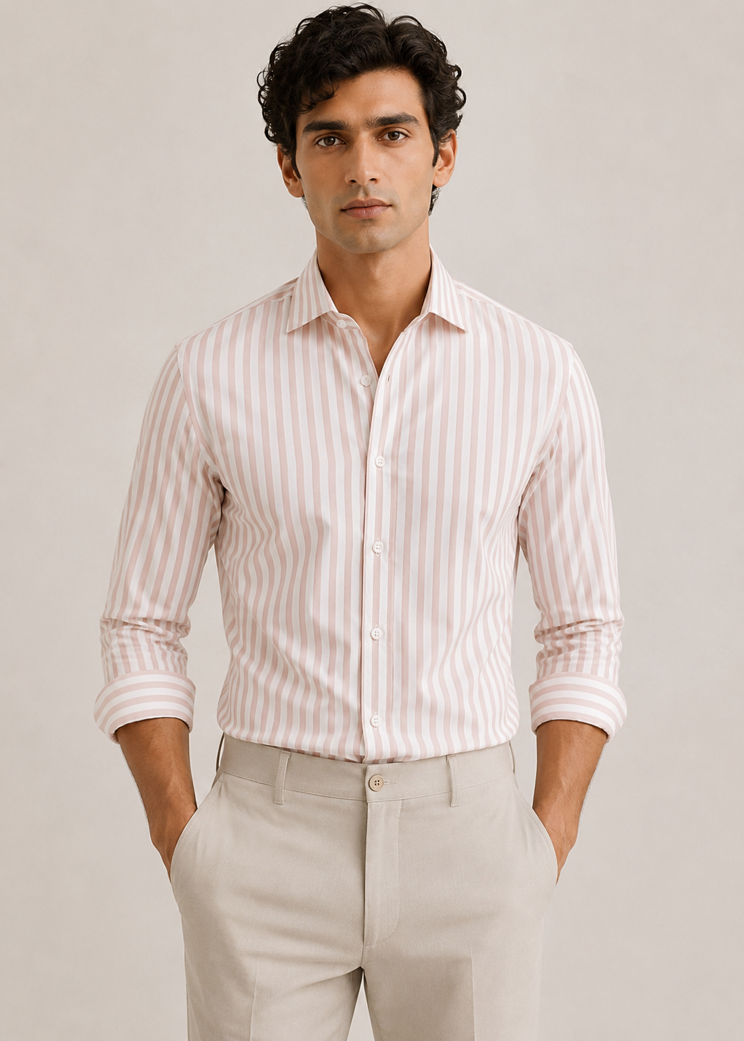 Men's 100% Cotton Pink Striped Shirt