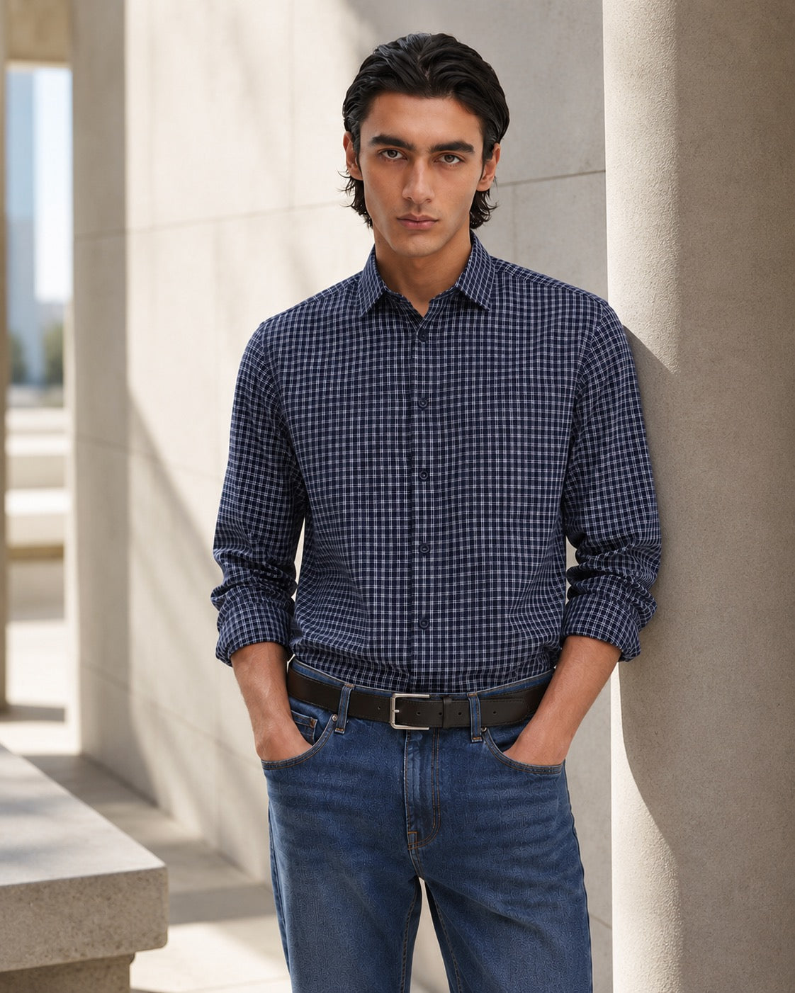 Men's Blue Checks Cotton Semi Formal Slim Fit Shirt | MARK & ALBERT