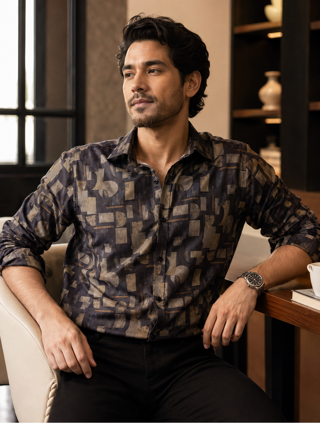A man wearing a dark patterned button-down shirt with abstract geometric shapes in black, gray, and brown, paired with black trousers, sitting in a modern indoor setting.