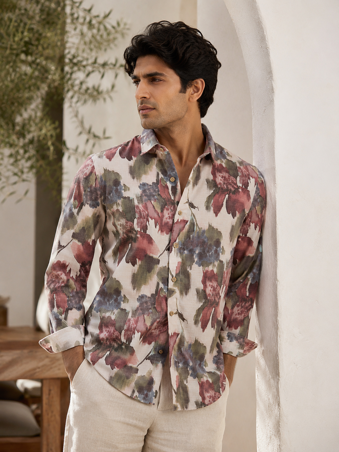 Luxury Watercolor Floral Linen Shirt – Slim Fit